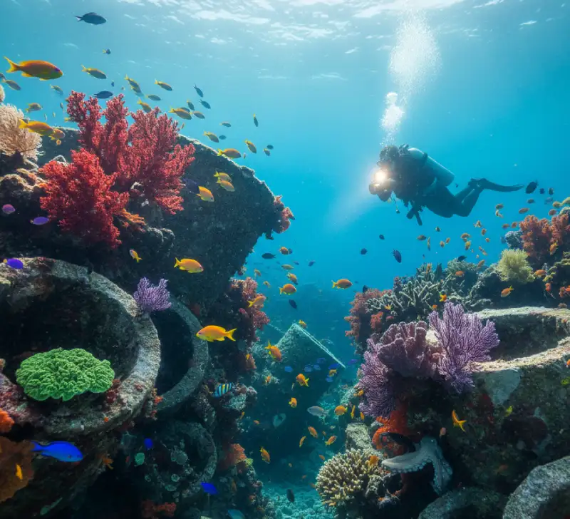 Buceador explorando arrecifes artificiales biomiméticos cubiertos de coral y vida marina en la sección de conservación del Parque Azul de Vida Submarina en Almuñécar.