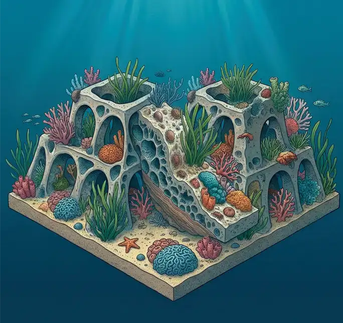 Ilustración de un arrecife artificial biomimético del Parque Azul de Vida Submarina en Almuñécar, mostrando estructuras de hormigón de pH neutro colonizadas por corales y flora marina